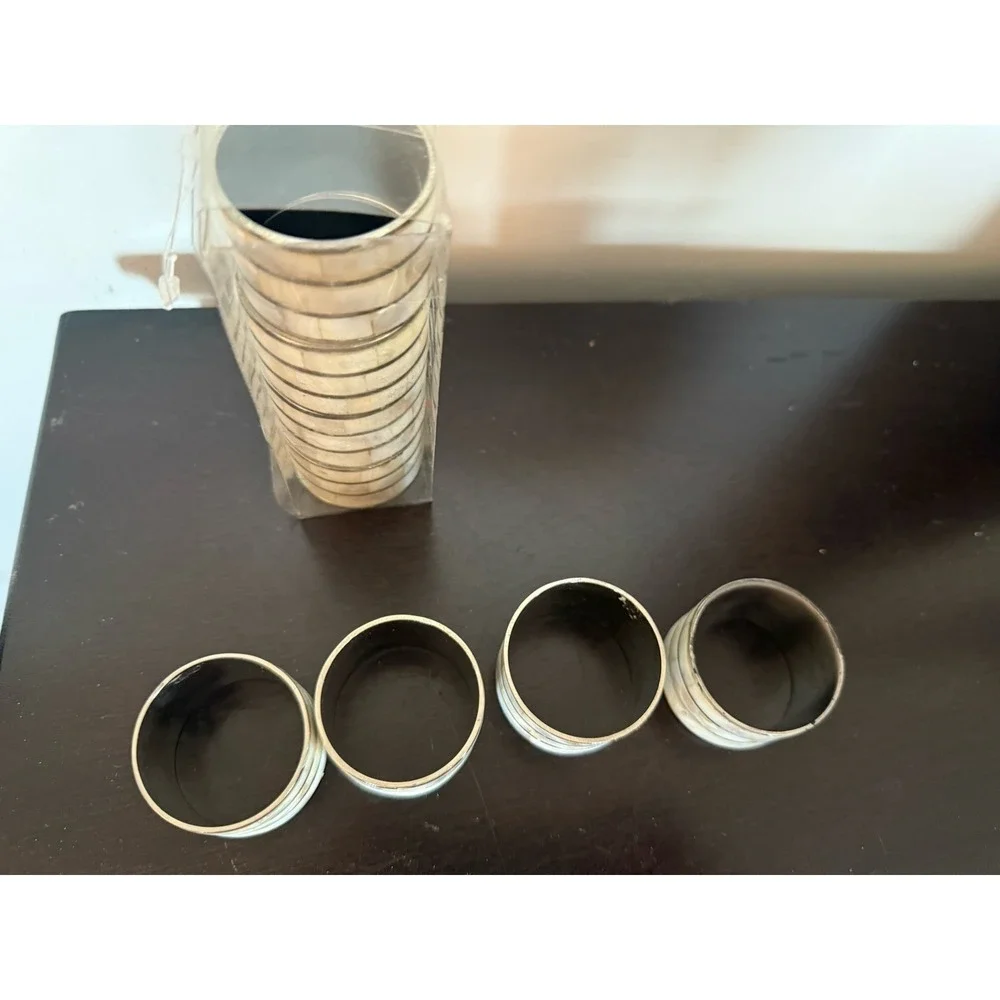 Mother of Pearl Silver Tone Metal Napkin Rings Holders Vintage Set Of 8